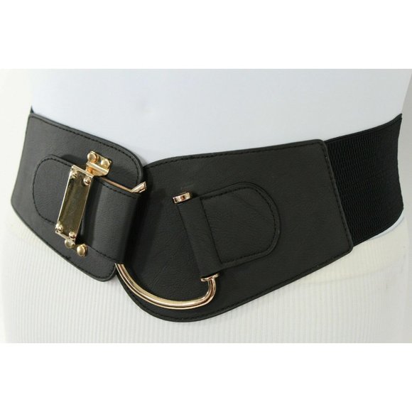 Women Gold Metal Hook Buckle Black Color Belt Wide Elastic  Hip Waist Size L XL - Picture 4 of 13